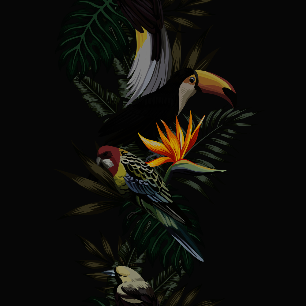 Exotic tropical bird toucan, parrot, green leaves and fiery flowers seamless black background. Realistic vector ribbon pattern