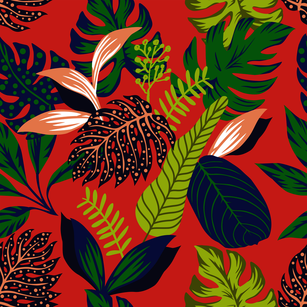 Abstract color tropical leaves seamless pattern on the trendy color living coral background flat vector style