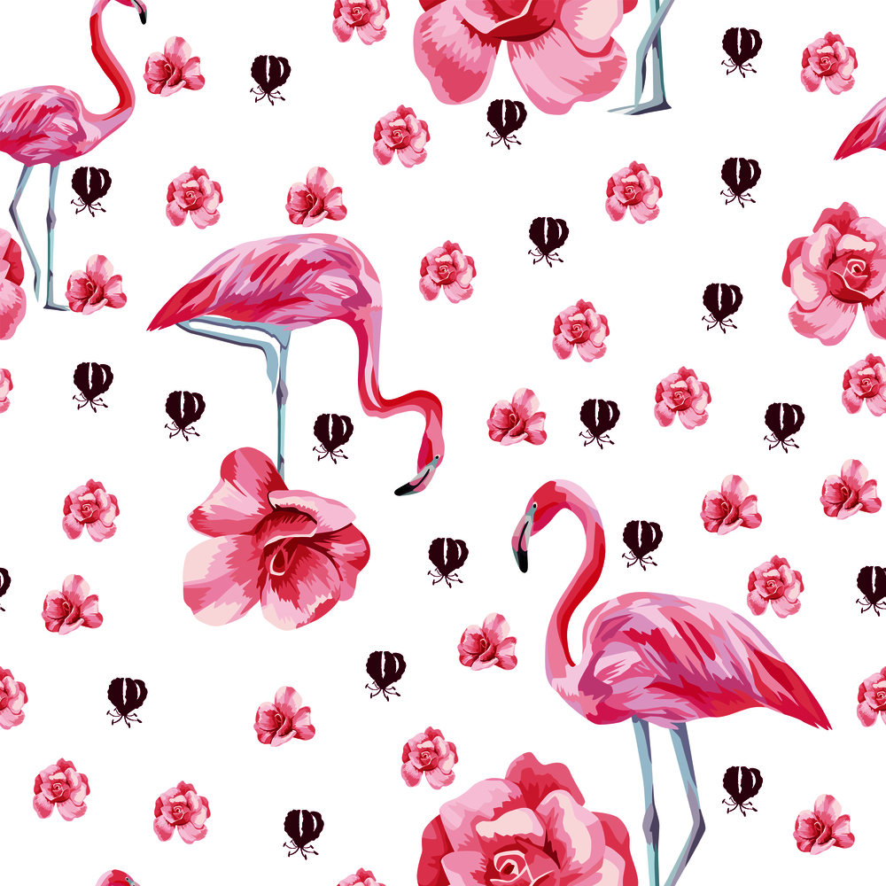 Very beautiful vector tropical bird pink flamingo and rose roses seamless white background. Flat style wallpaper