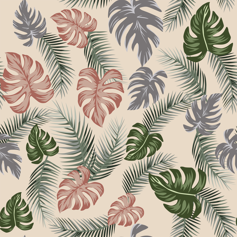 Botanical seamless pattern on the beige background. Tropical leaves illustration flat design