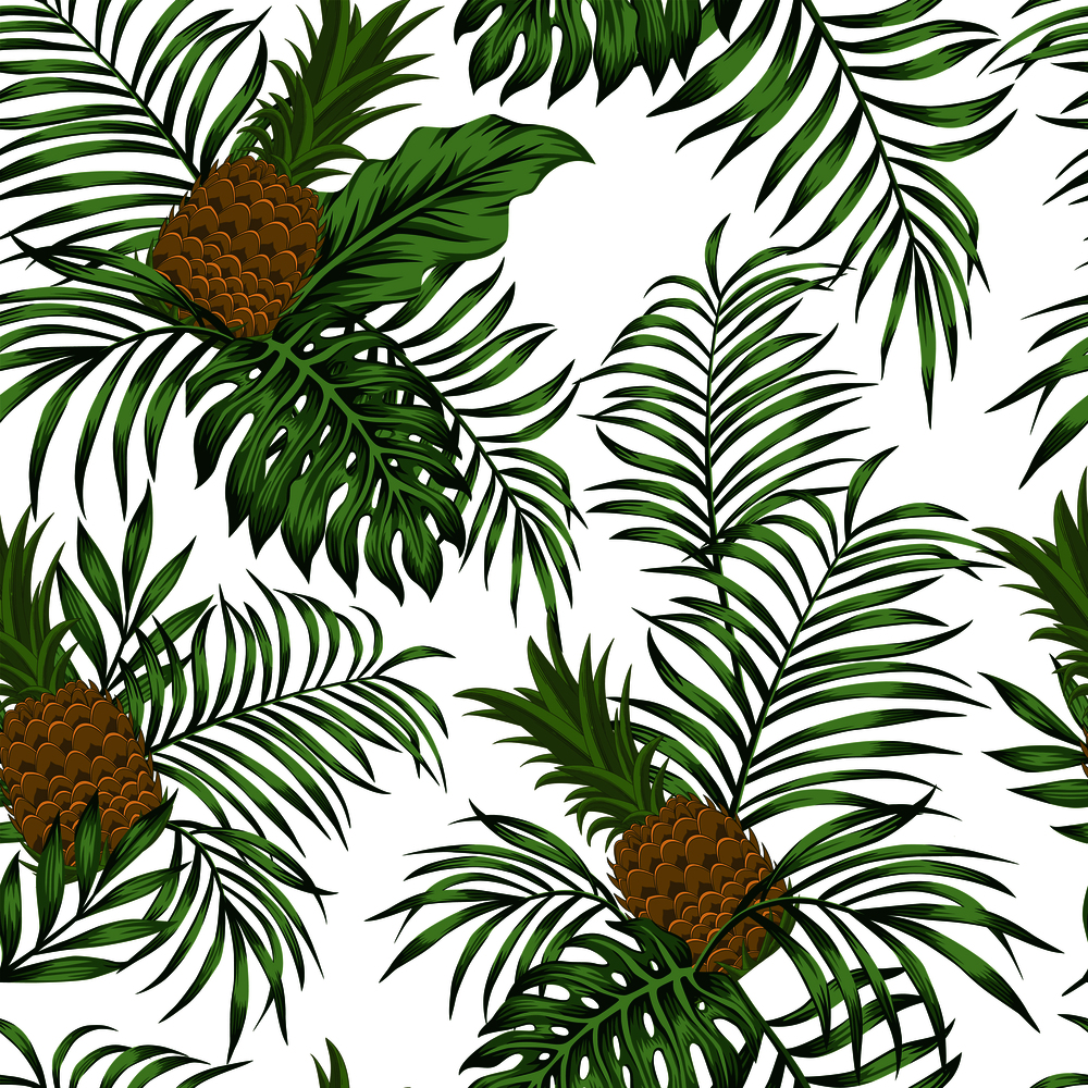 Exotic fruit pineapple green tropical leaves on the white background. Seamless flat vector pattern