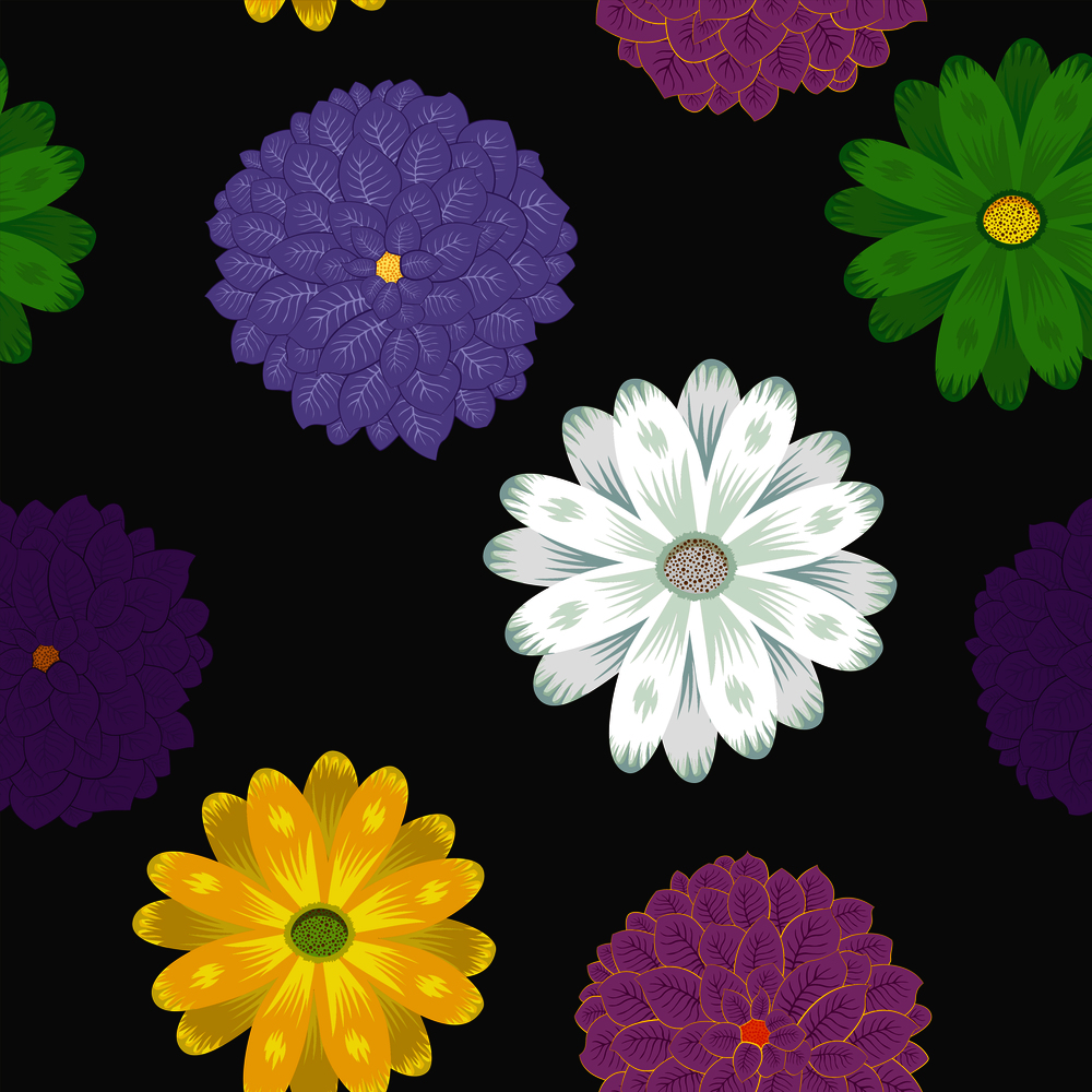 Multicolor spring meadow flowers chamomile vector flat style seamless pattern on the black background