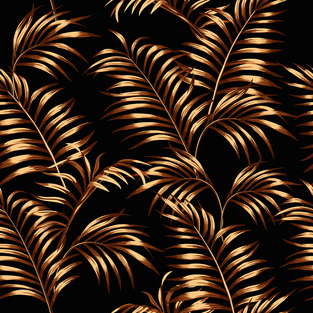 Tropical palm leaves of gold color seamless vector pattern on the black background