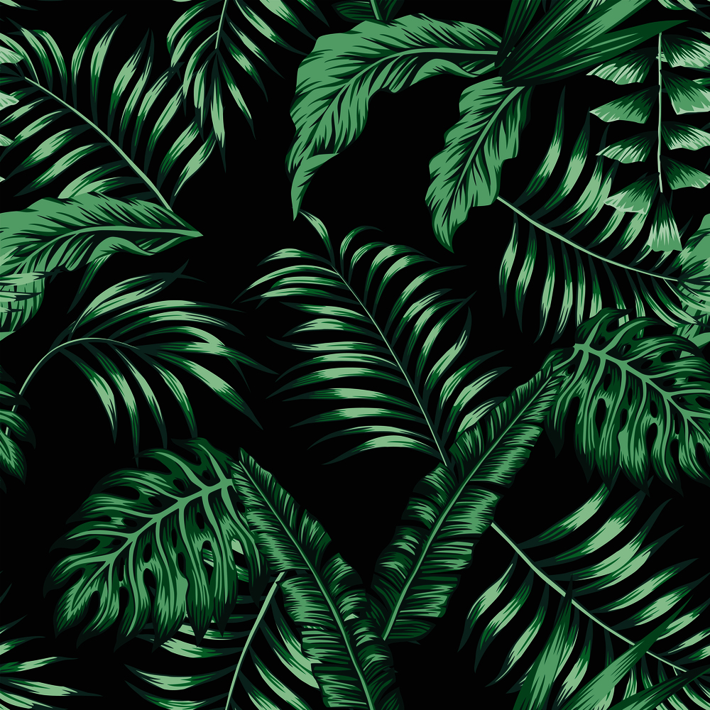Green tropical palm banana leaves seamless vector pattern on the black background