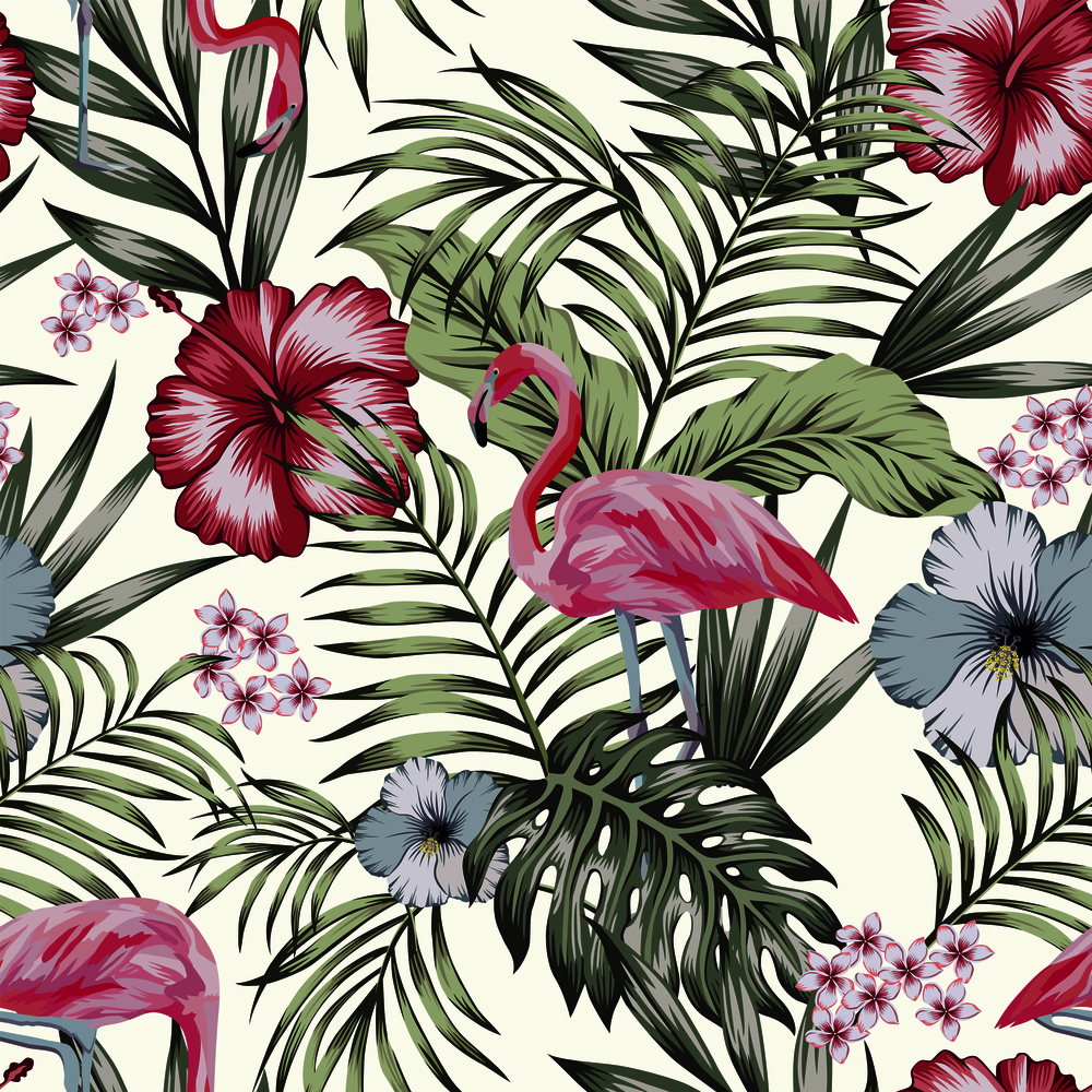 Beautiful tropical bird pink flamingo with flowers hibiscus, plumeria (frangipani) and palm, banana leaves composition. Vector seamless pattern on the white background