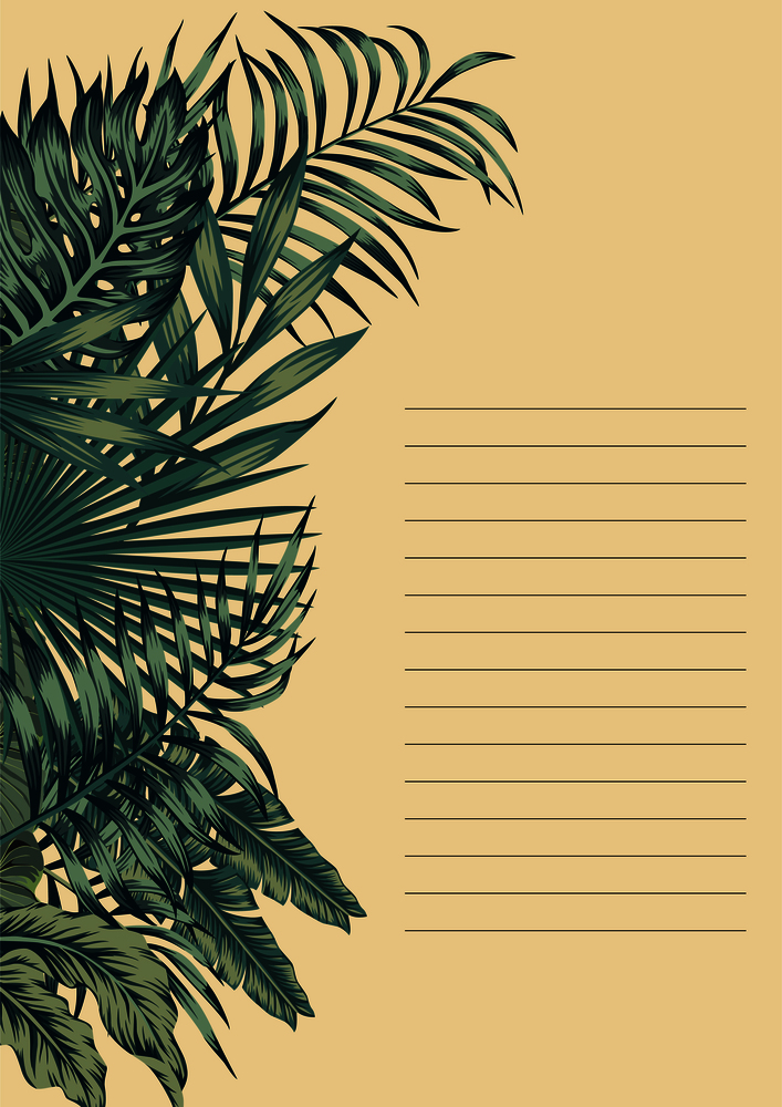 Vector vintage card trendy invitation left template design with green palm, banana tropical leaves on the beige background. Botanical illustration