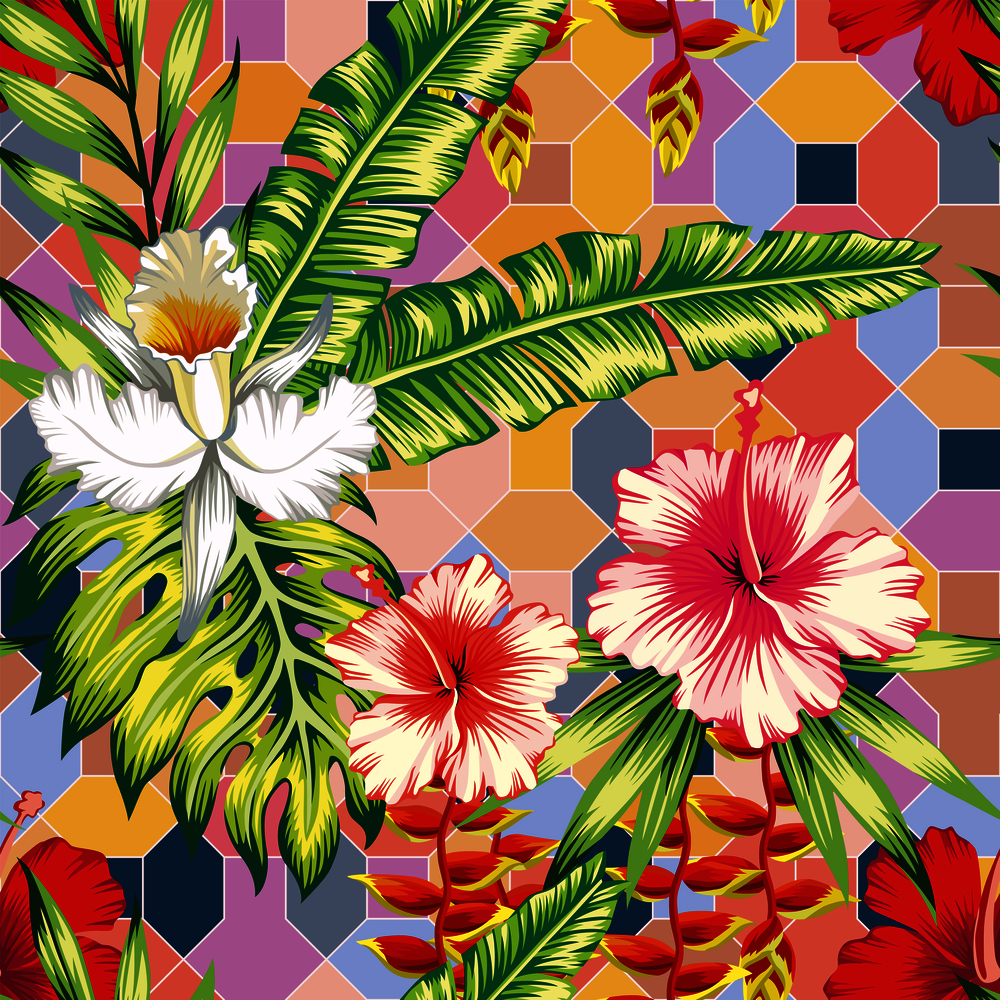 Exotic botanical composition from hibiscus, orchid flowers and palm, banana, monstera leaves on the positive energy tint color seamless geometrical background. Joyful summer pattern