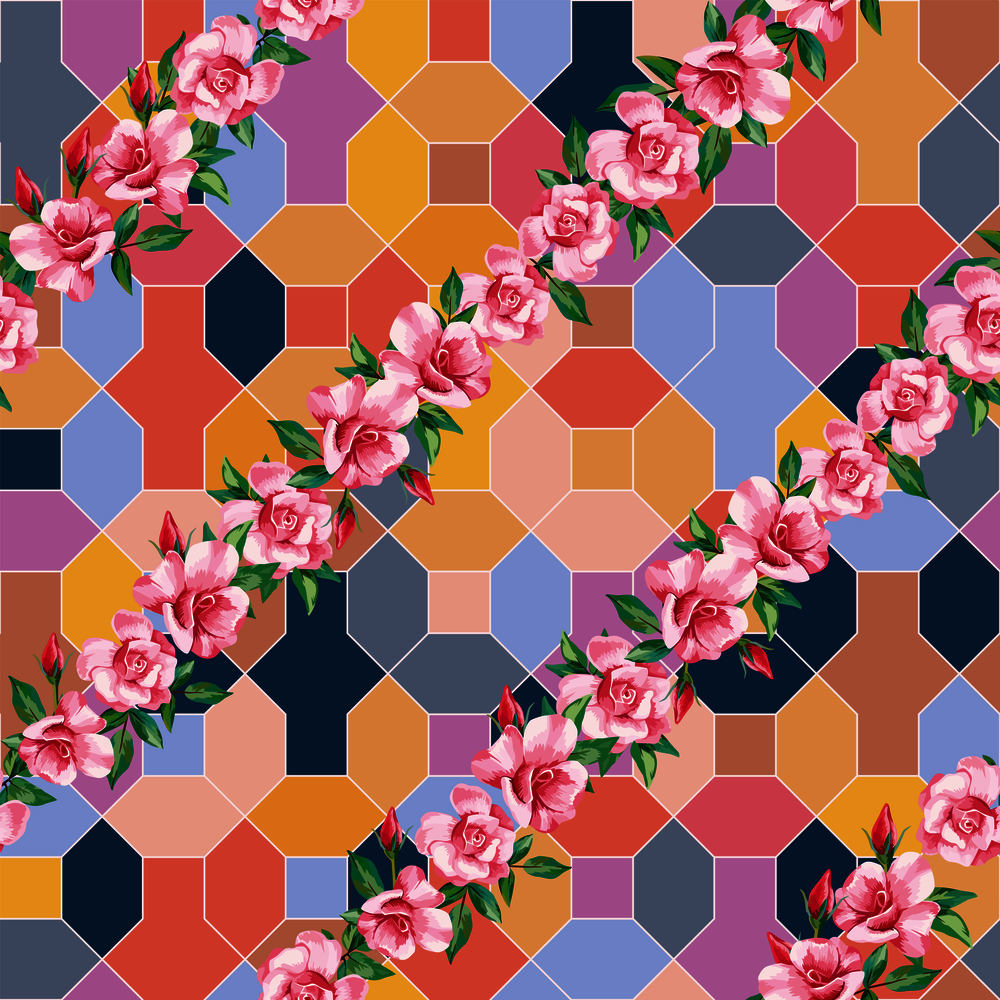 Trendy botanical composition from rose flowers on the positive energy tint color seamless geometrical background. Joyful summer pattern