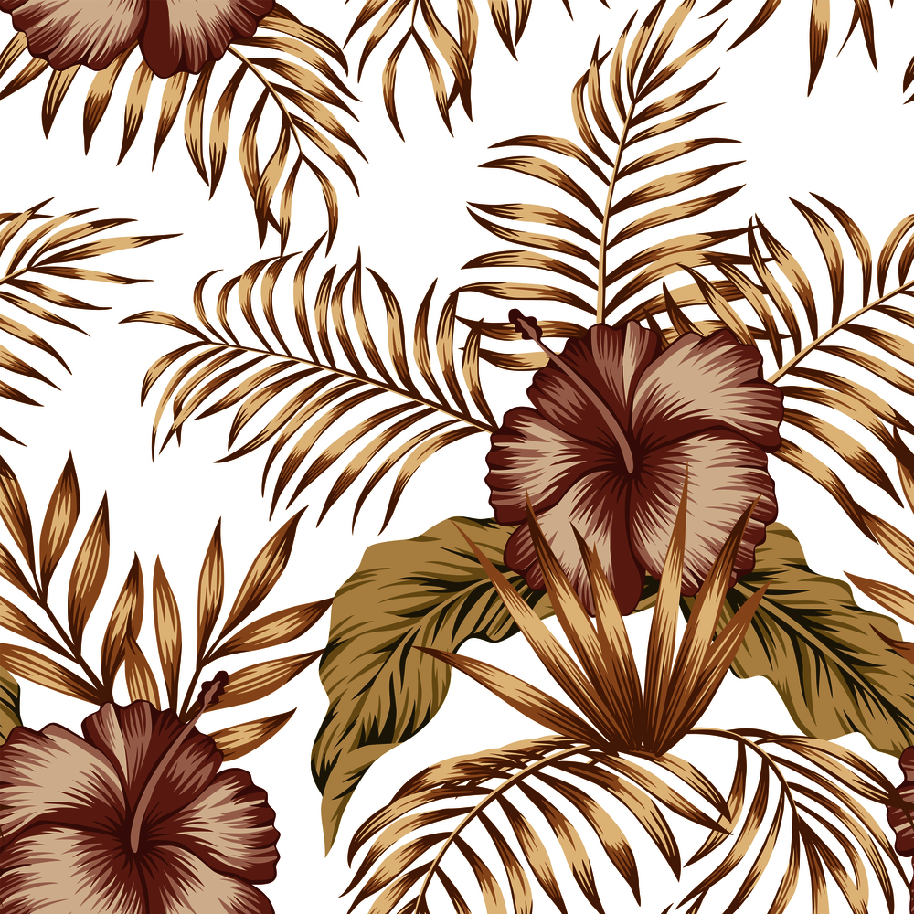Exotic trendy seamless composition from tropical flowers hibiscus and palm, banana leaves gold tint on the white background