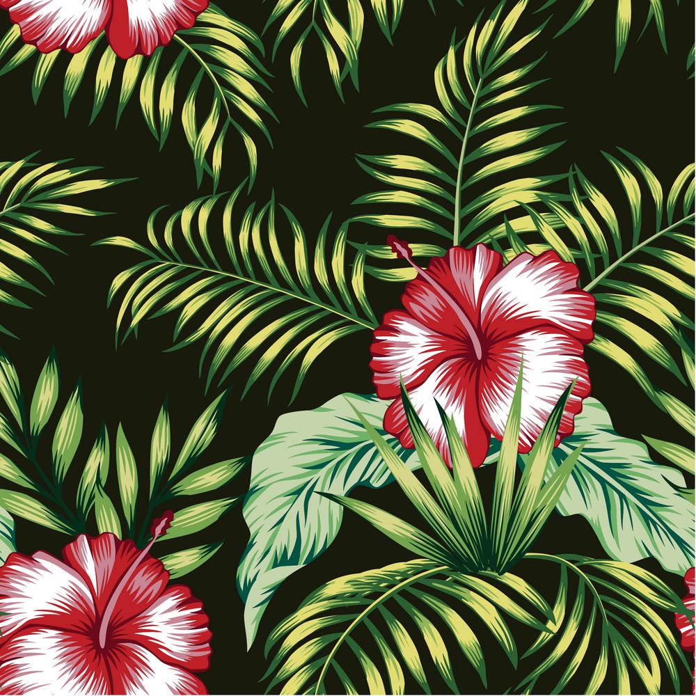 Exotic trendy seamless composition from tropical flowers red hibiscus and green palm, banana leaves on the black background