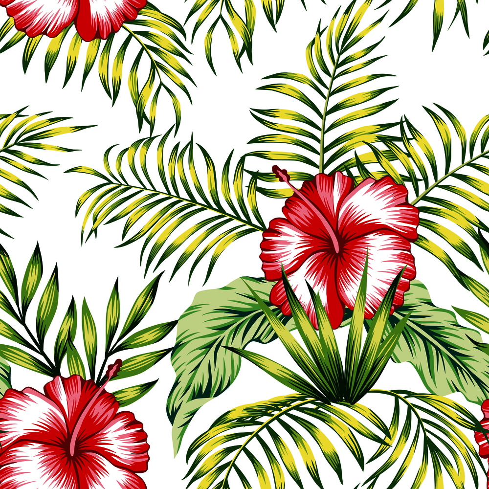 Exotic trendy seamless composition from tropical flowers red hibiscus and green palm, banana leaves on the white background