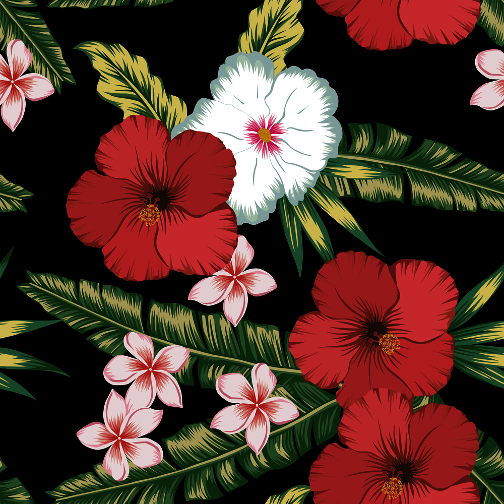 Tropical flowers red white hibiscus and plumeria (frangipani) on the green palm leaves seamless black background. Botanical vector pattern