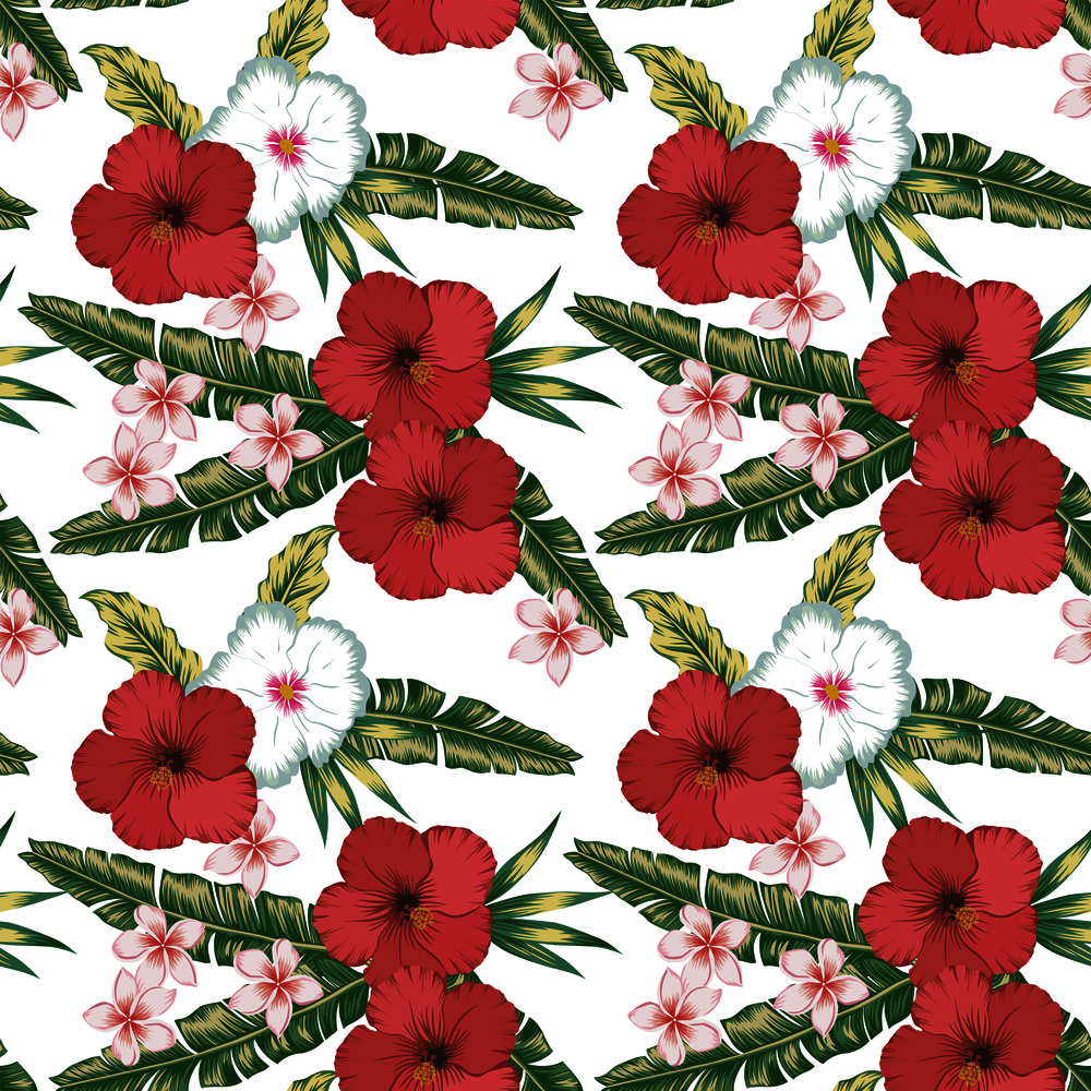 Tropical exotic tender lovely flowers red and white hibiscus vintage color plumeria (frangipani), green palm leaves floral summer seamless vector pattern illustration on the white background.