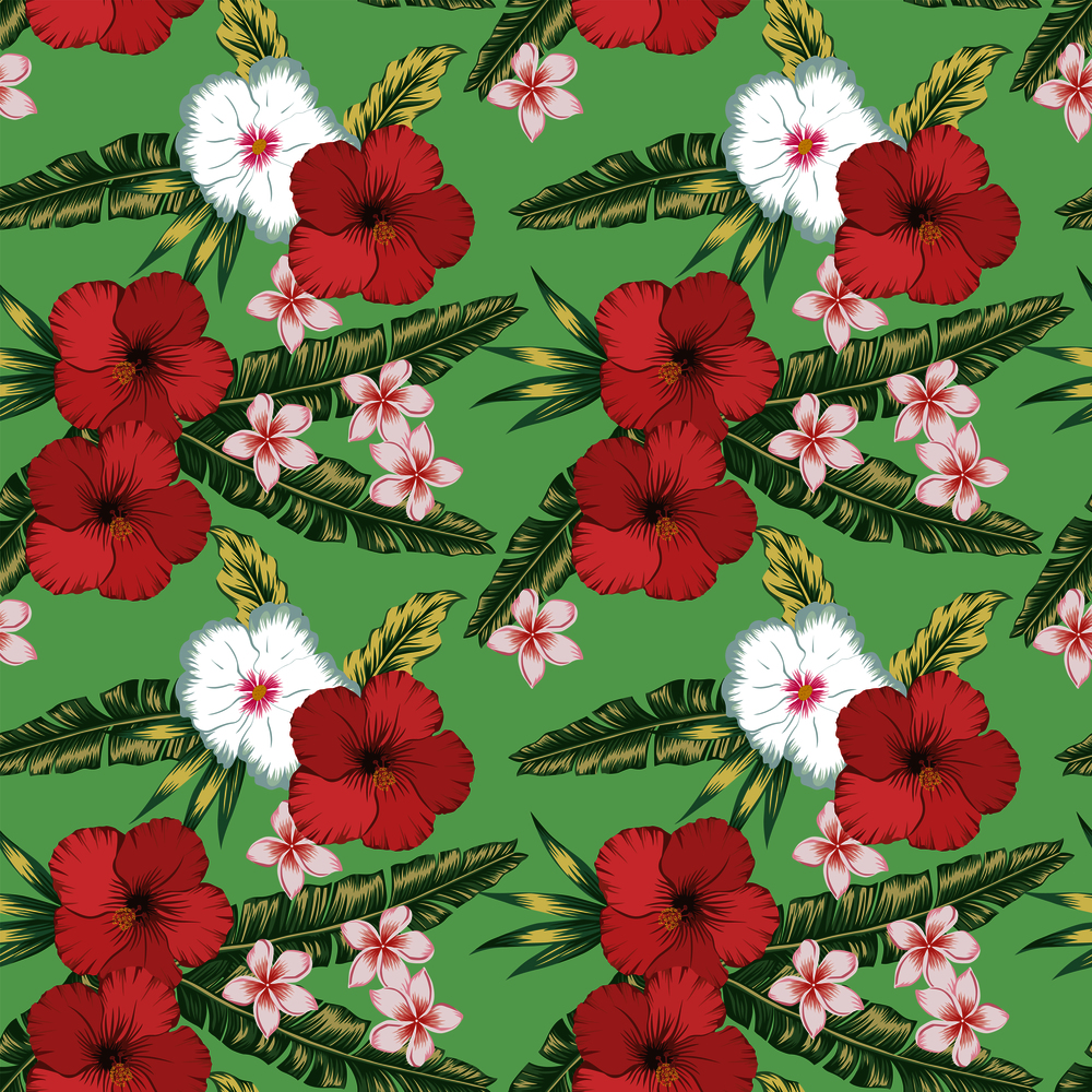 Beach cheerful wallpaper red, white hibiscus and plumeria (frangipani) tropical palm leaves seamless vector pattern on the green background
