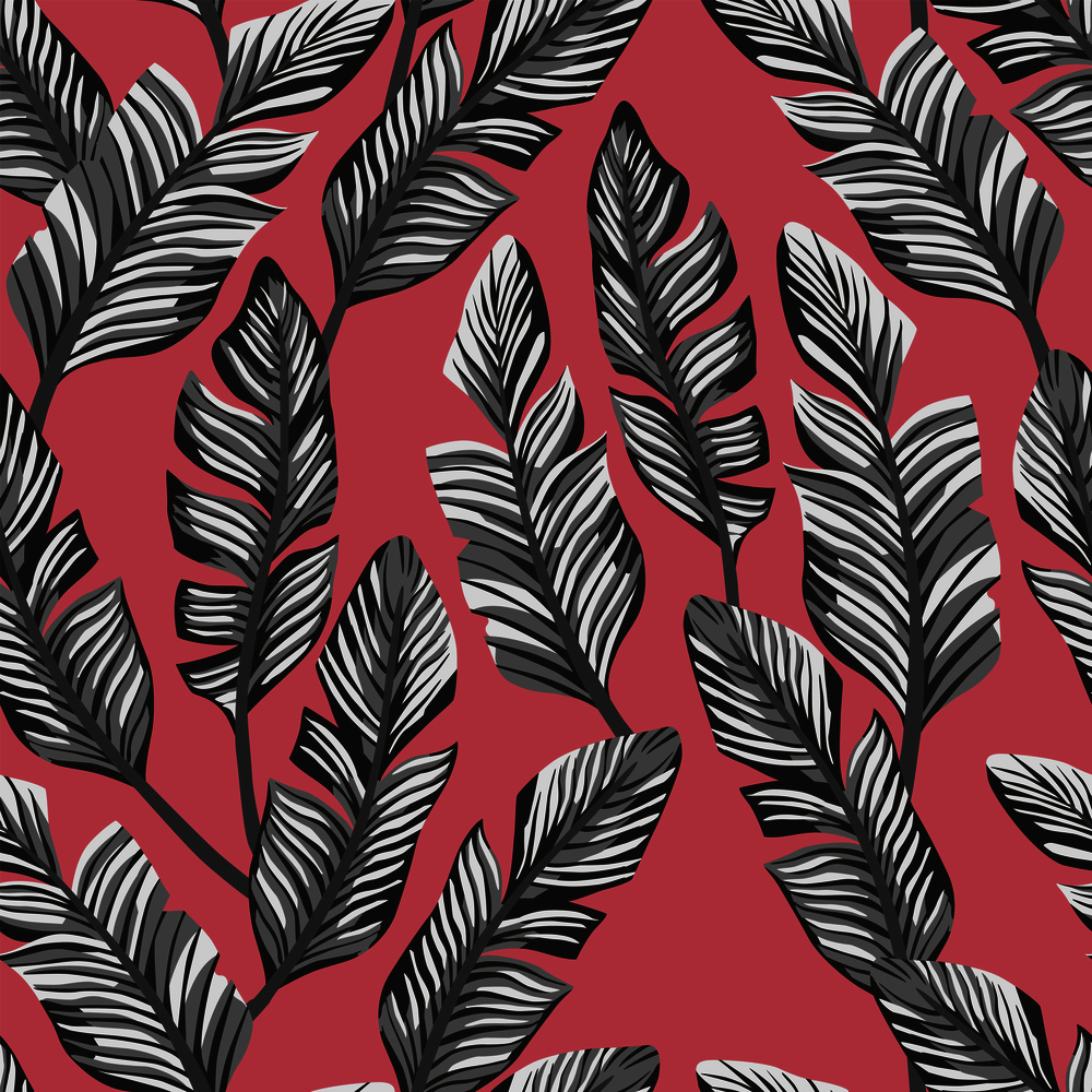 Exotic abstract composition from tropical black white banana leaves. Vector seamless pattern on the pink backgorund