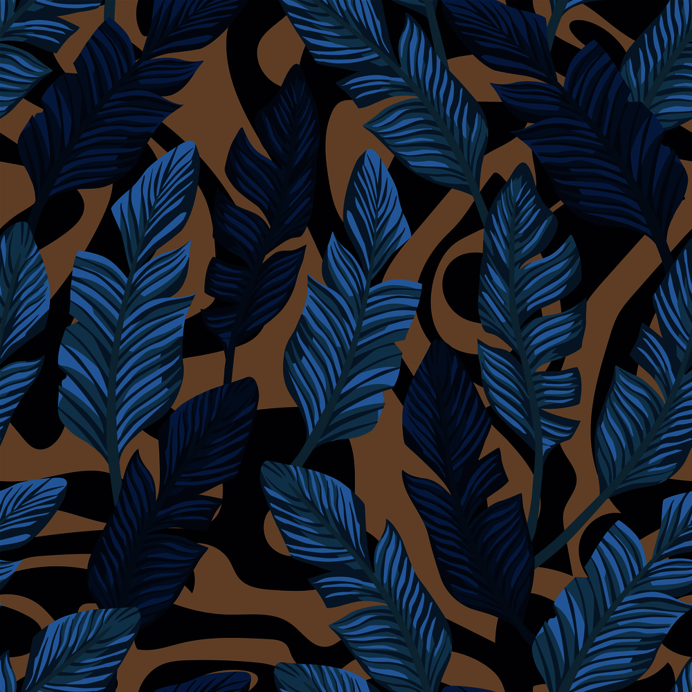 Abstract tropical blue banana leaves composition. Vector seamless pattern on the black and beige backgorund