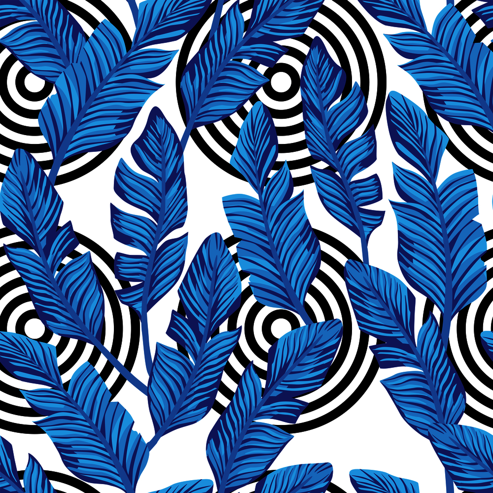 Abstract tropical blue banana leaves composition. Vector seamless pattern on the black circle white backgorund