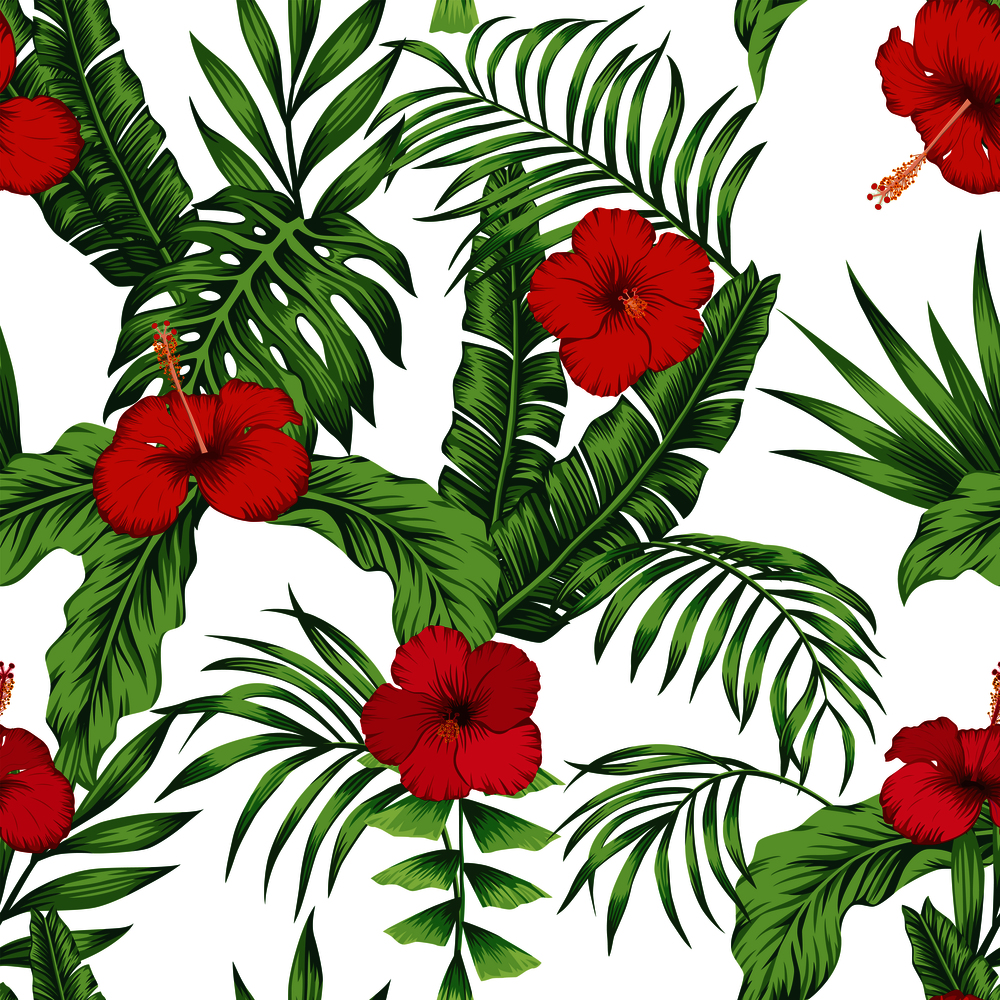 Exotic tropical flowers pink and red hibiscus, green monstera, palm leaves pattern seamless on the white background. Beach vector wallpaper