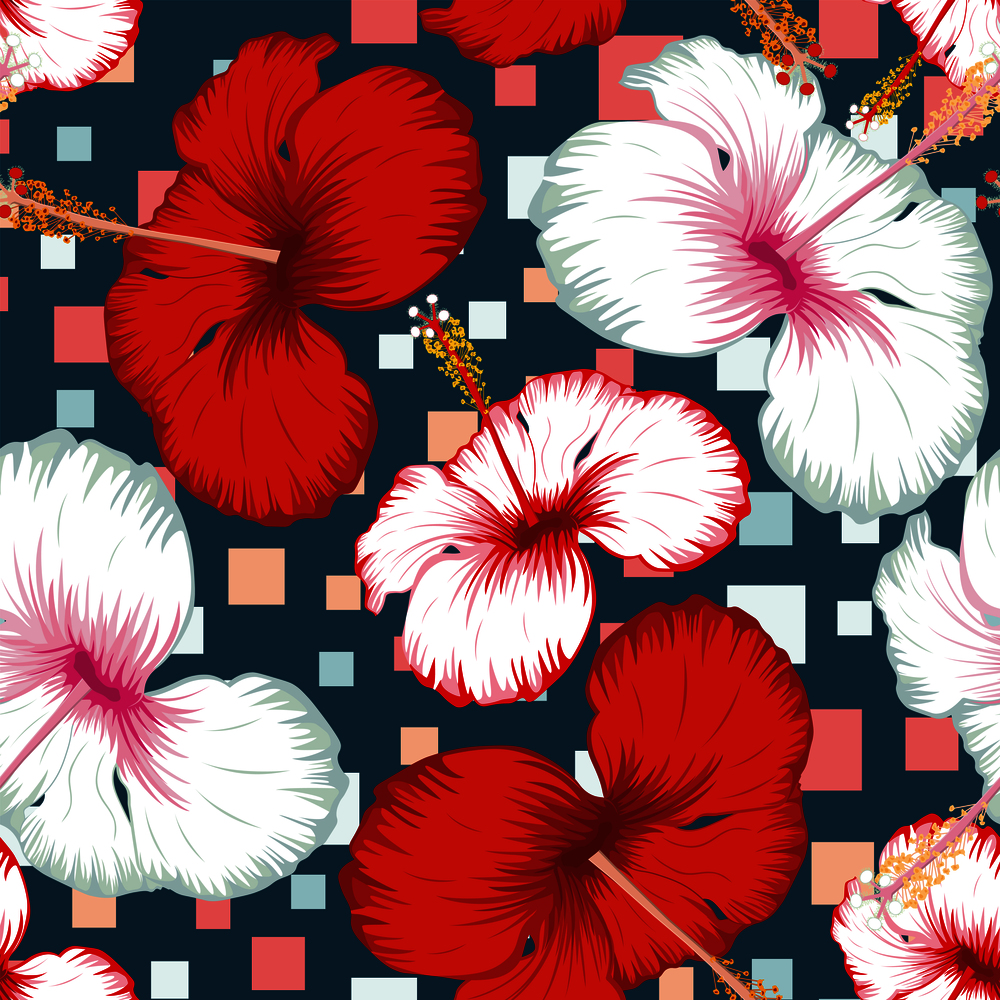 Exotic tropical flowers red and white hibiscus seamless pattern realistic vector on the abstract multicolor square blue background