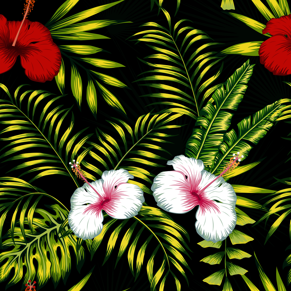 Beautiful tropical vector flowers red and white hibiscus, green realistic palm, banana leaves seamless botanical repeat pattern on the black background