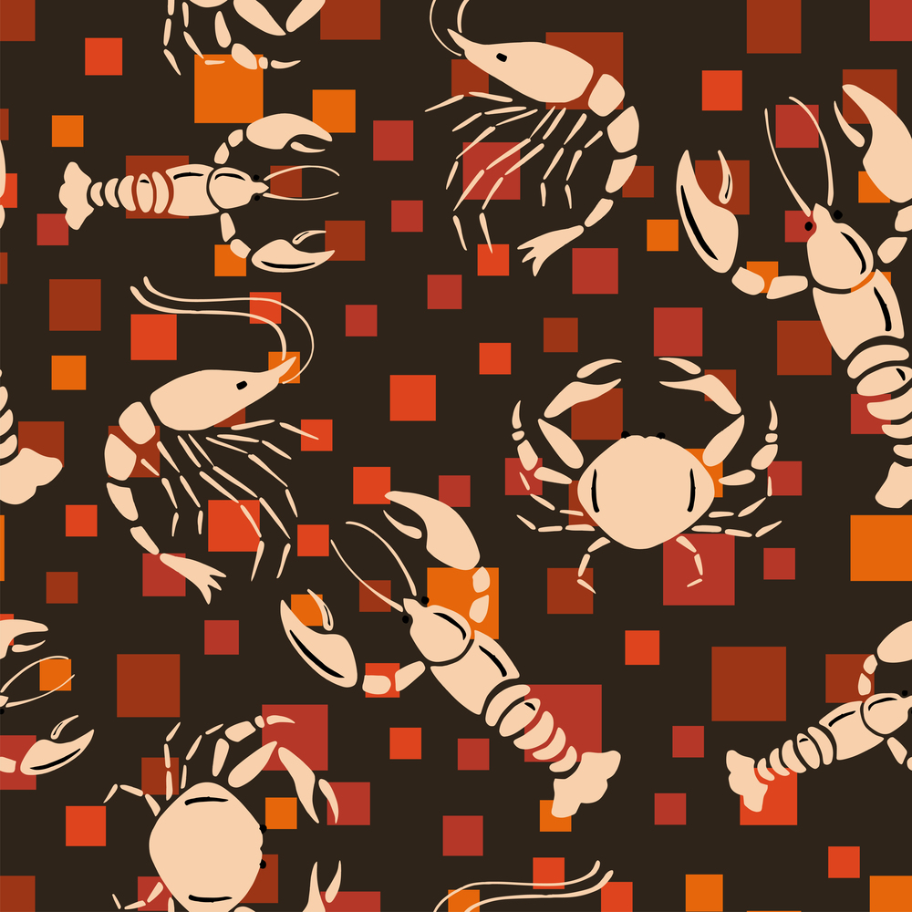 Cool vector sea creatures crayfish, shrimp, crab seamless pattern on the orange square chocolate background