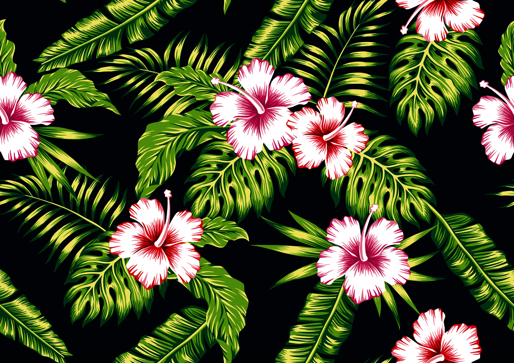Tropical exotic realistic flowers red, pink, white hibiscus, green foliage seamless vector pattern on the black background