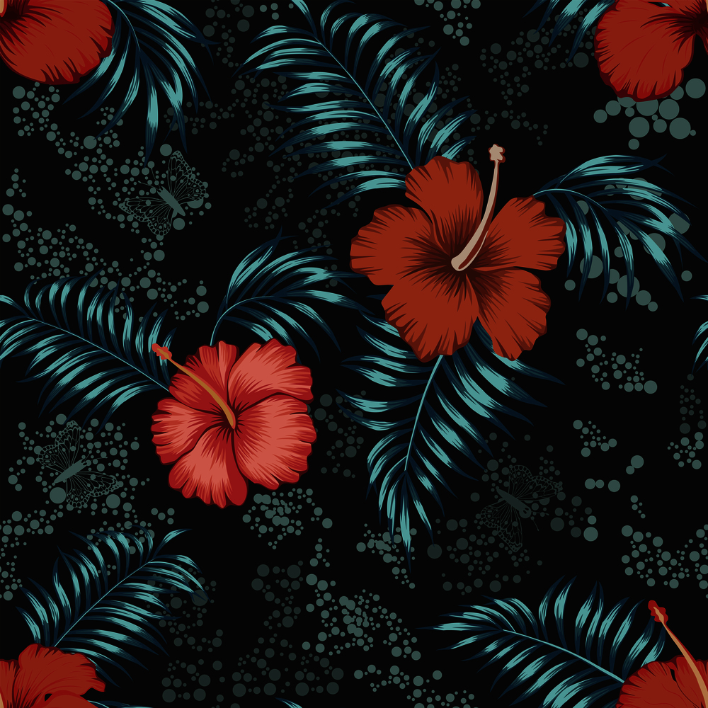 Exotic tropical red hibiscus flowers and blue leaves, butterflies seamless vector pattern on the scattered circles background