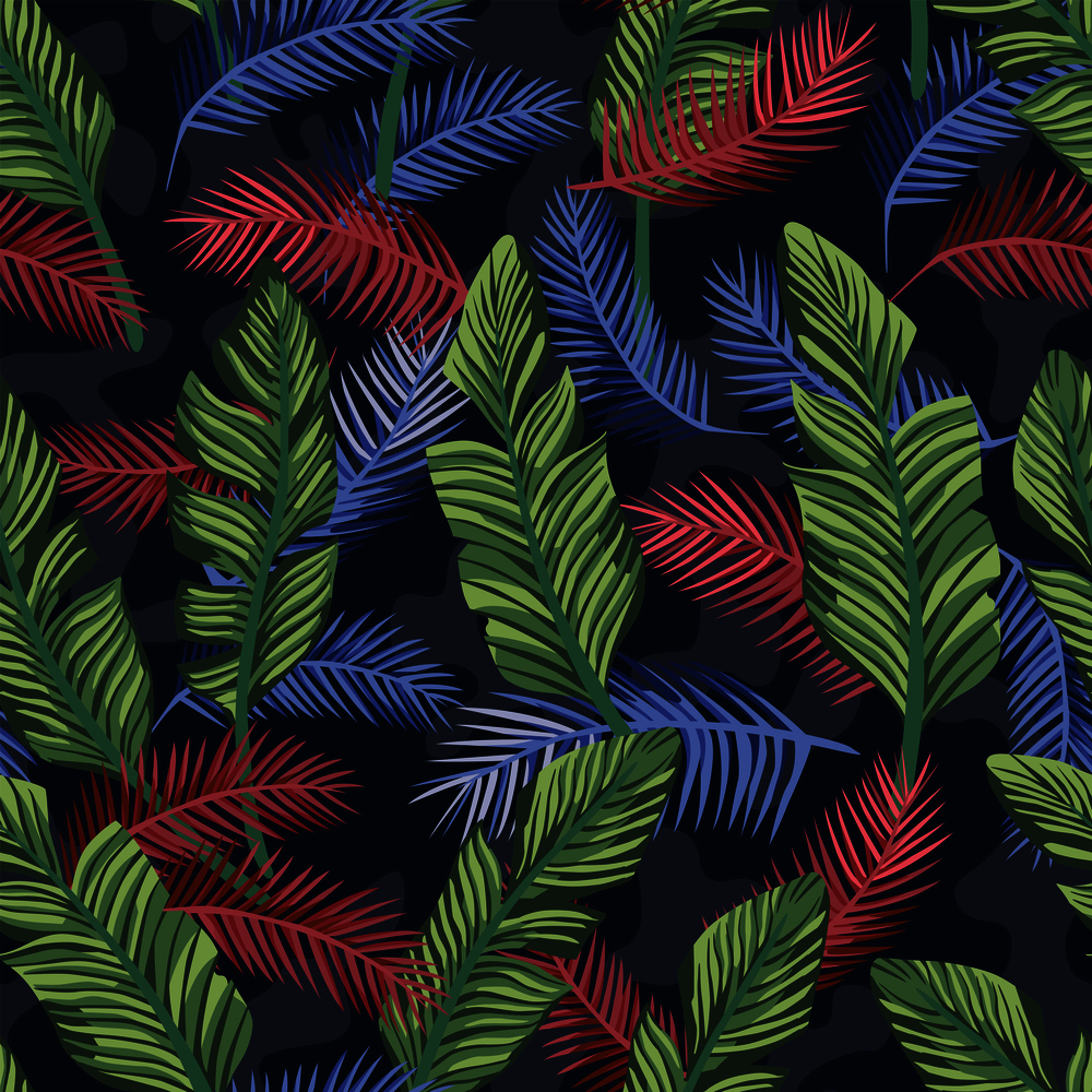 Multicolor exotic tropical banana leaves seamless vector pattern on the blue camo background