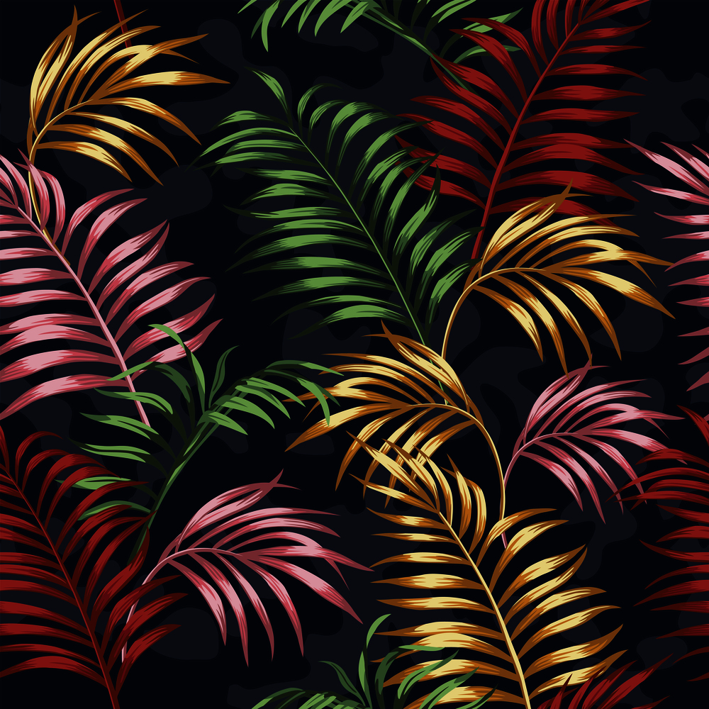 Vivid color tropical leaves seamless vector pattern on the blue camo background