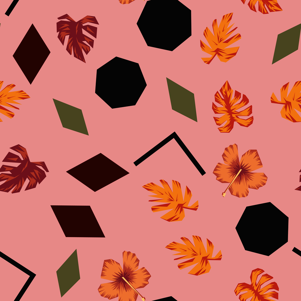 Abstract vector seamless pattern geometric figures, flowers and leaves pink background