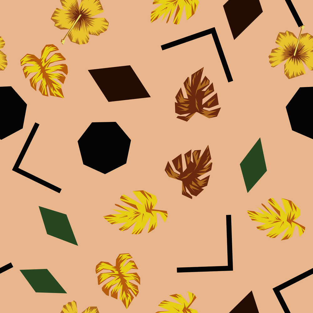 Abstract vector seamless pattern geometric figures, flowers and leaves pink yellow background