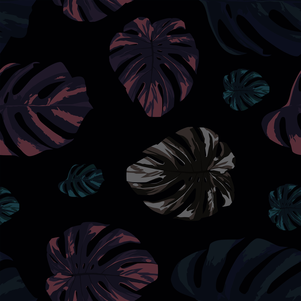 Abstract color tropical monstera leaves seamless pattern on the black background. Modern vector illustration