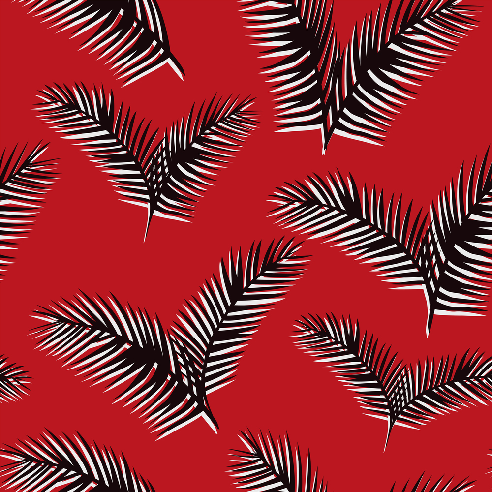 Black white tropical palm leaves seamless pattern on the red background. Abstract flat composition
