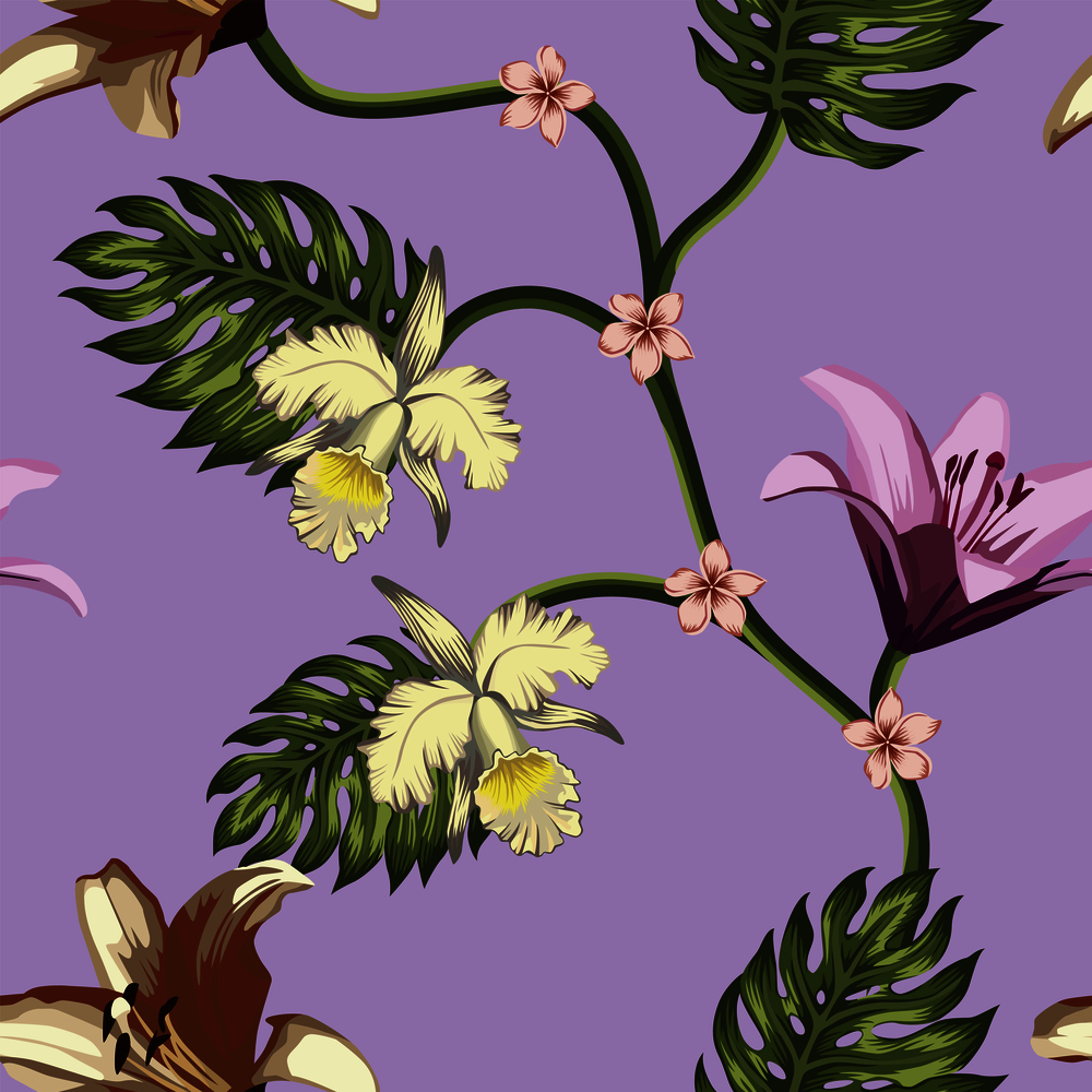 Tropical vector flowers and leaves seamless pattern on the violet background