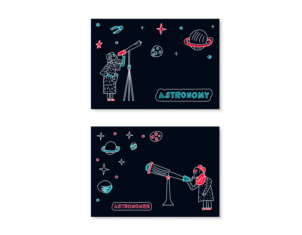 Astronom and Astronomy banners. Vector design of astronomic objects. Set of wo cards with handwritten letterind.