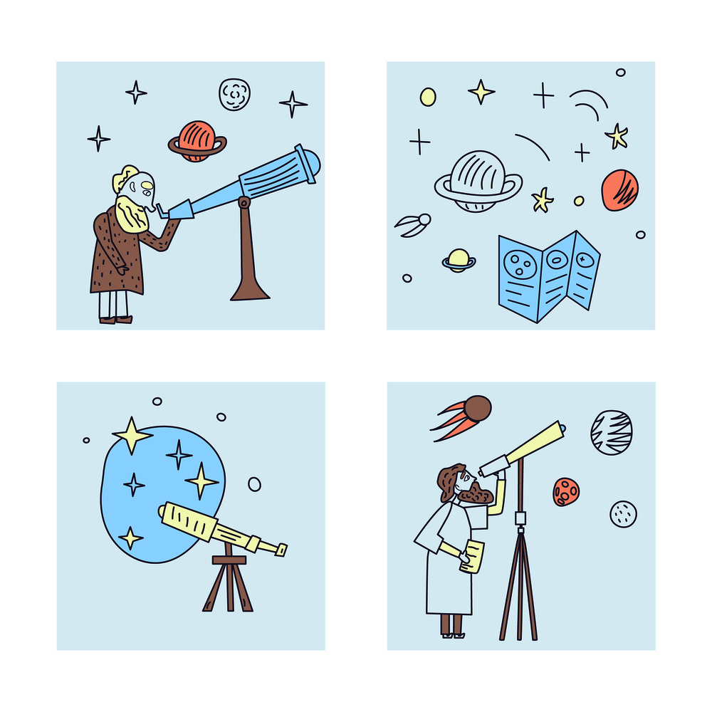 Vector design of astronomer and astronomic objects.