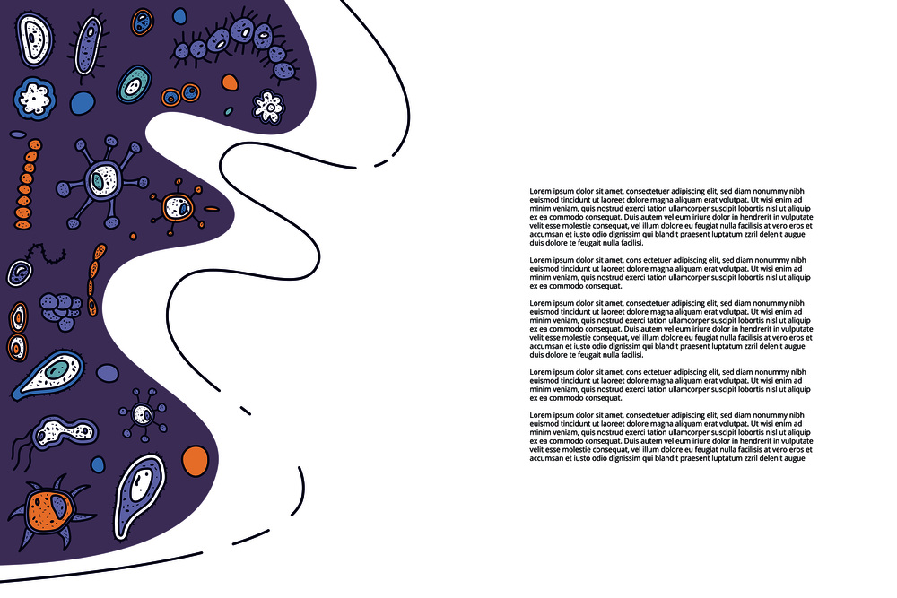 Horizontal banner with different microarganisms cells. Set of bacterias shape. Template with empty space for text. Vector doodle style composition.