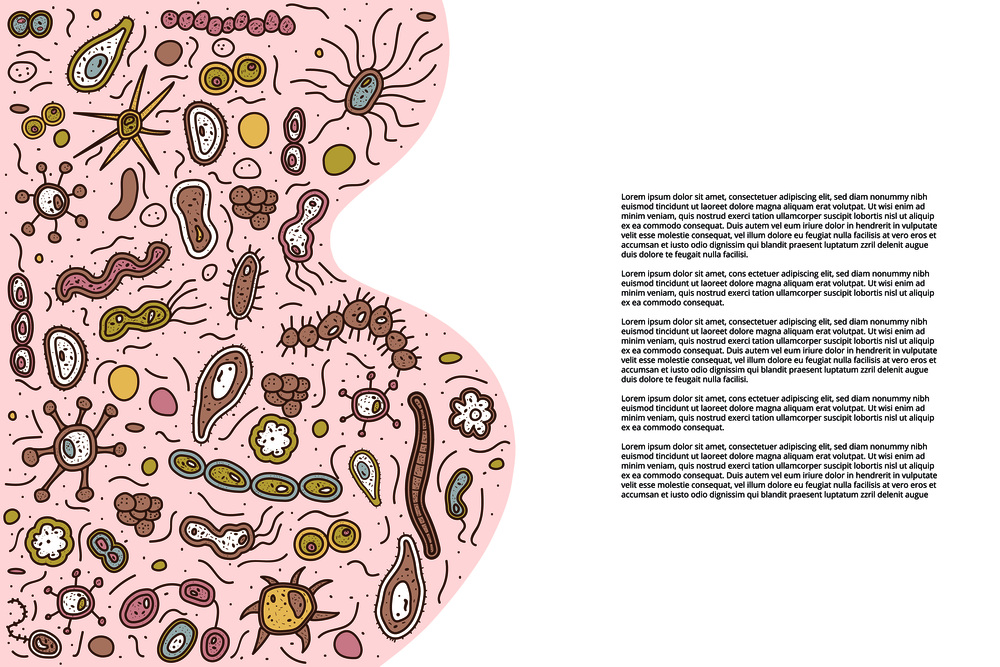 Horizontal banner with different microarganisms cells. Template for cards, brochures, social media. Set of bacterias shape. Vector doodle style composition.