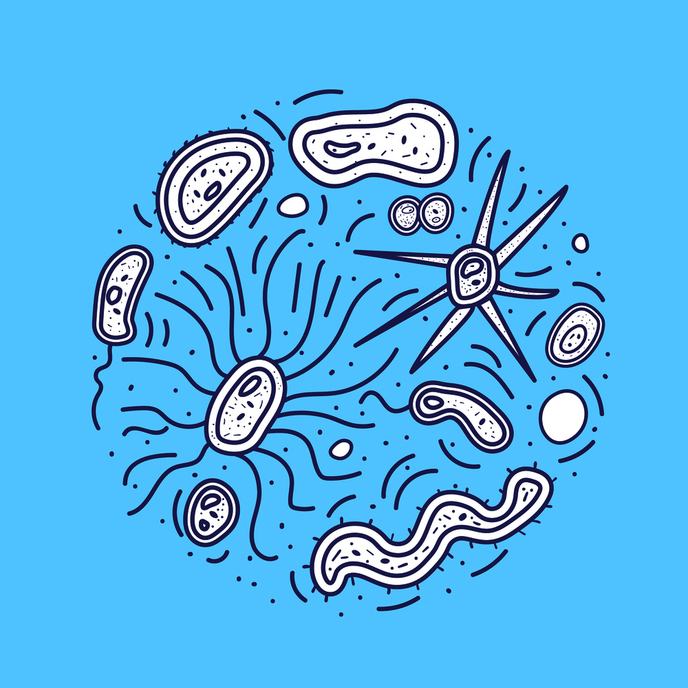 Bacteria cells round banner. Microorganism collection isolated on blue background. Vector doodle style composition.