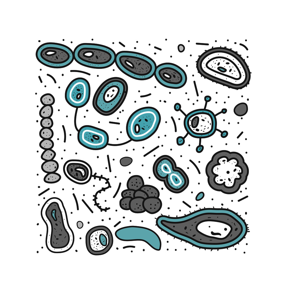 Bacteria cells. Set of Microorganism collection. Vector doodle style square composition.