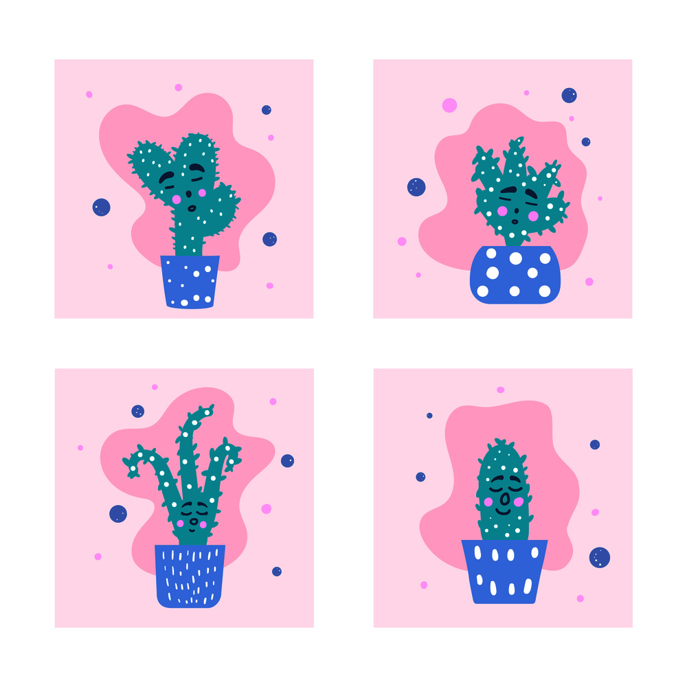 Vector cute cactus design set. Hand drawn style houseplant composition.