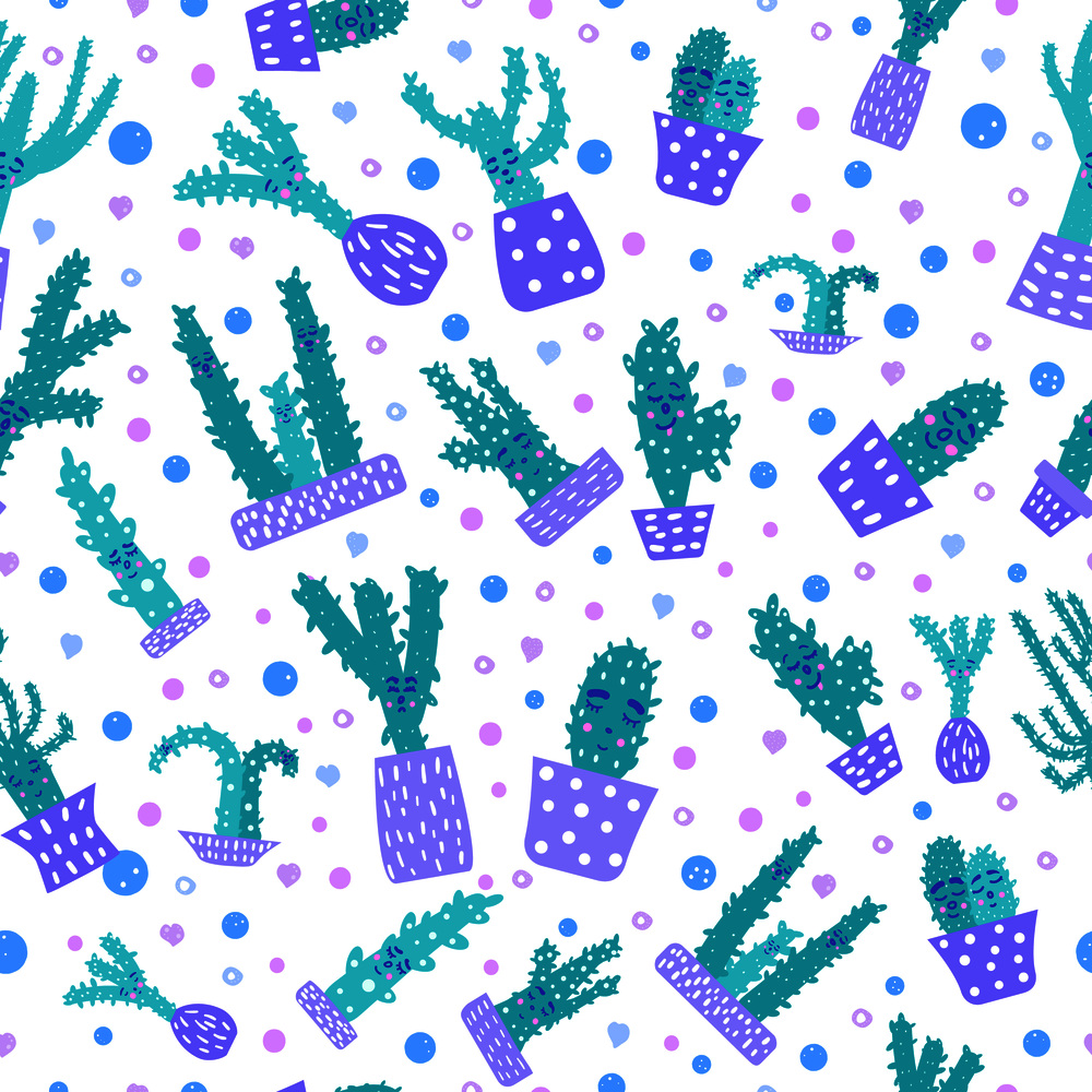 Vector cute cactus seamless pattern. Hand drawn style houseplant composition. Background design for package, cards, print.