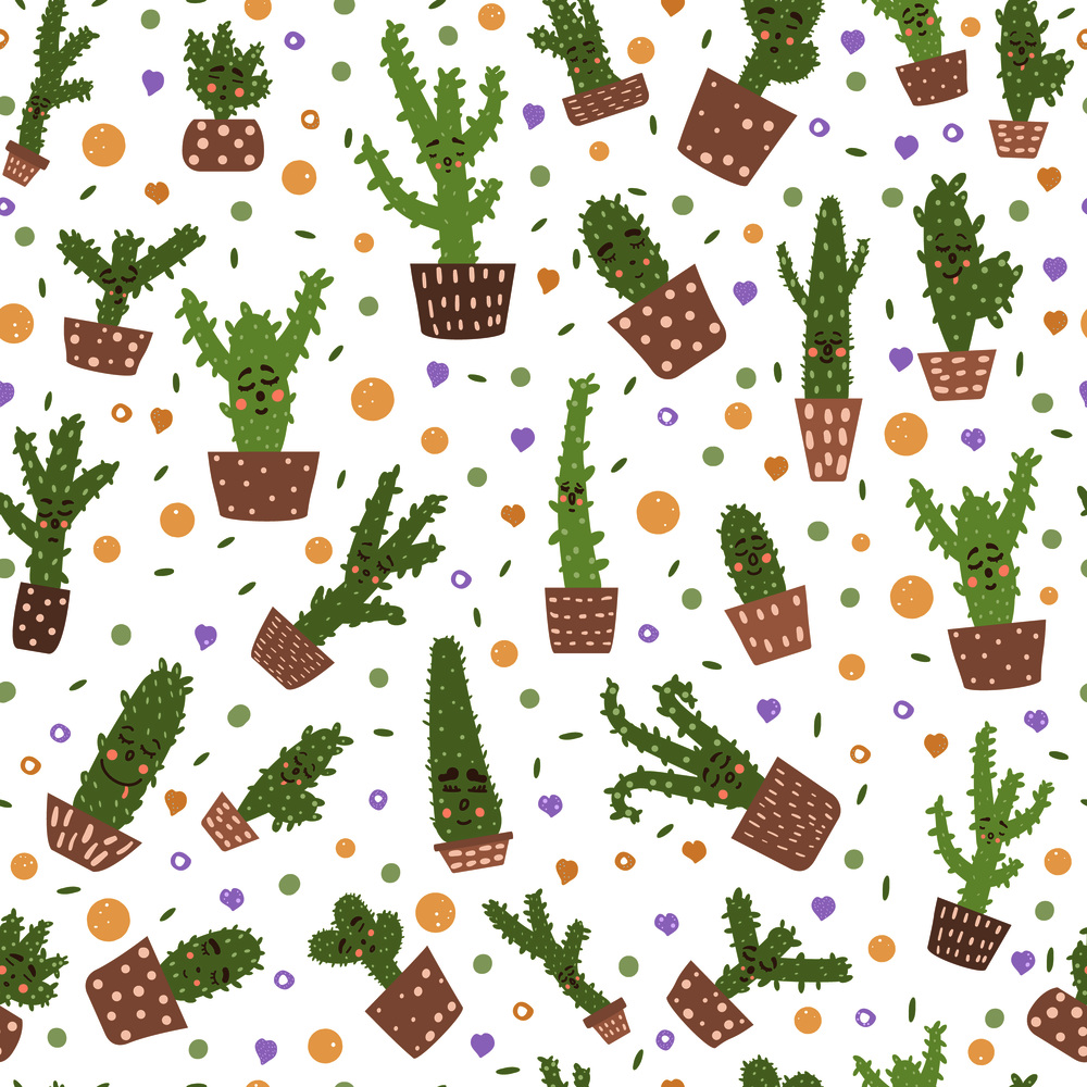 Vector cute cactus seamless pattern. Hand drawn style houseplant composition. Background design for children room deciration, package, cards.