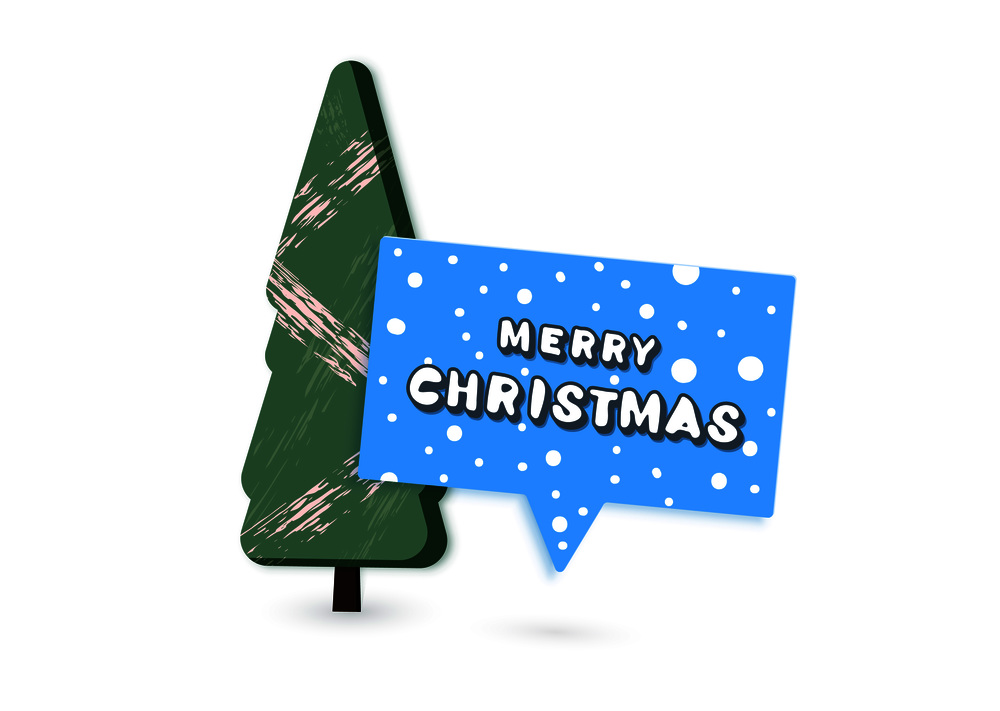 Merry Christmas inscription with speech bubble and tree. Handwritten  lettering for holiday design. Vector illustration.