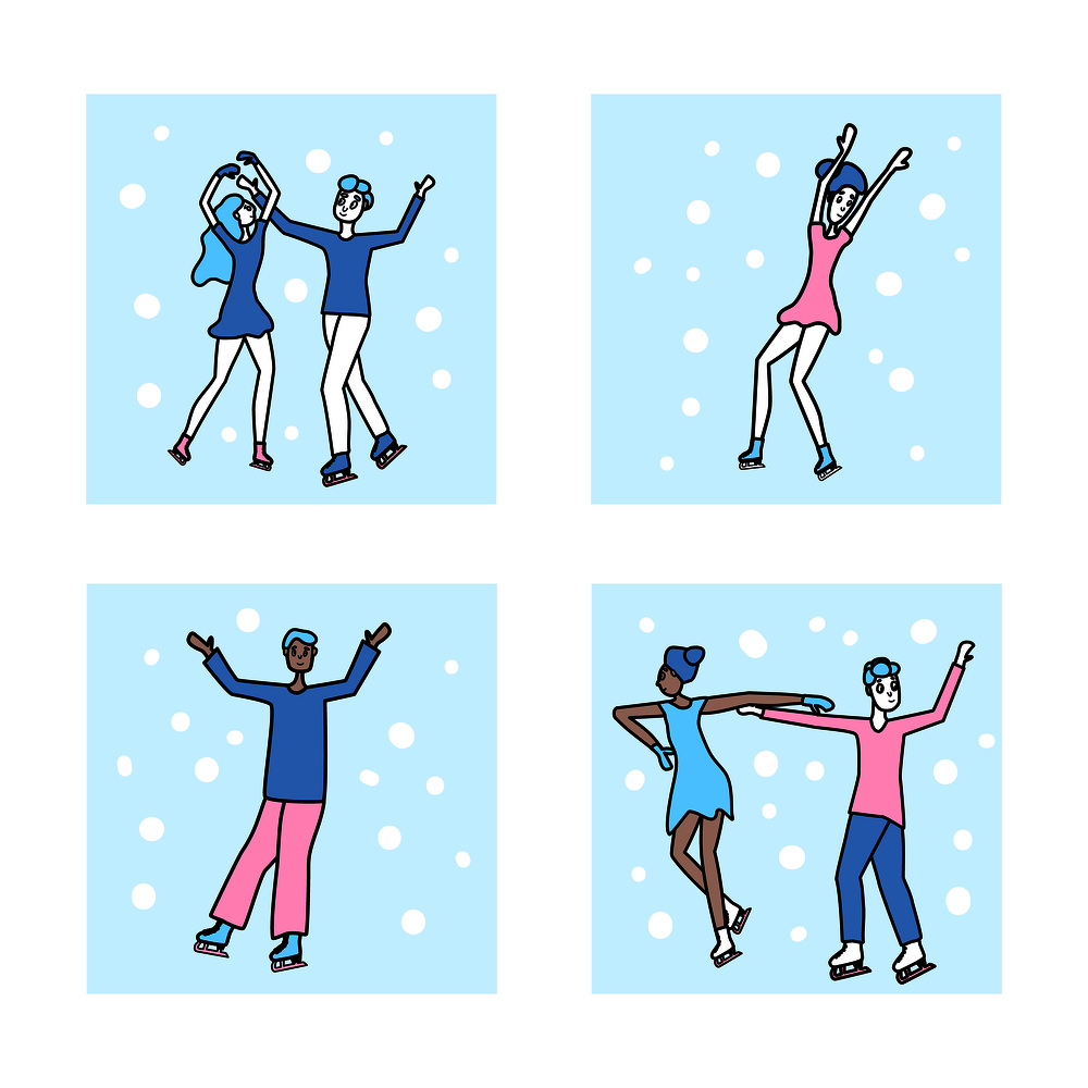 Figure skating square composition. Single skaters and pairs with snow in doodle style. Vector illustration.
