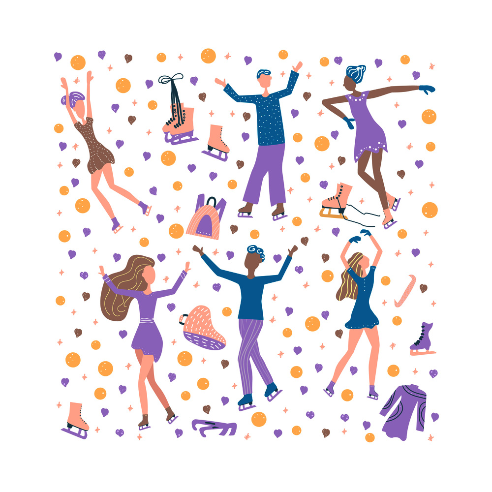 Figure skating concept. Square composition with skaters and decoration. Vector flat illustration.