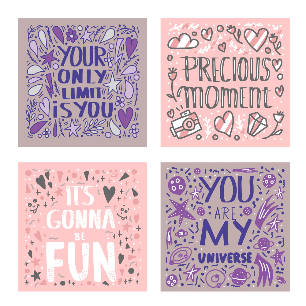Set of posters with positive lettering. Vector banners with motivational messages. Hand drawn quotes cwith decorations.