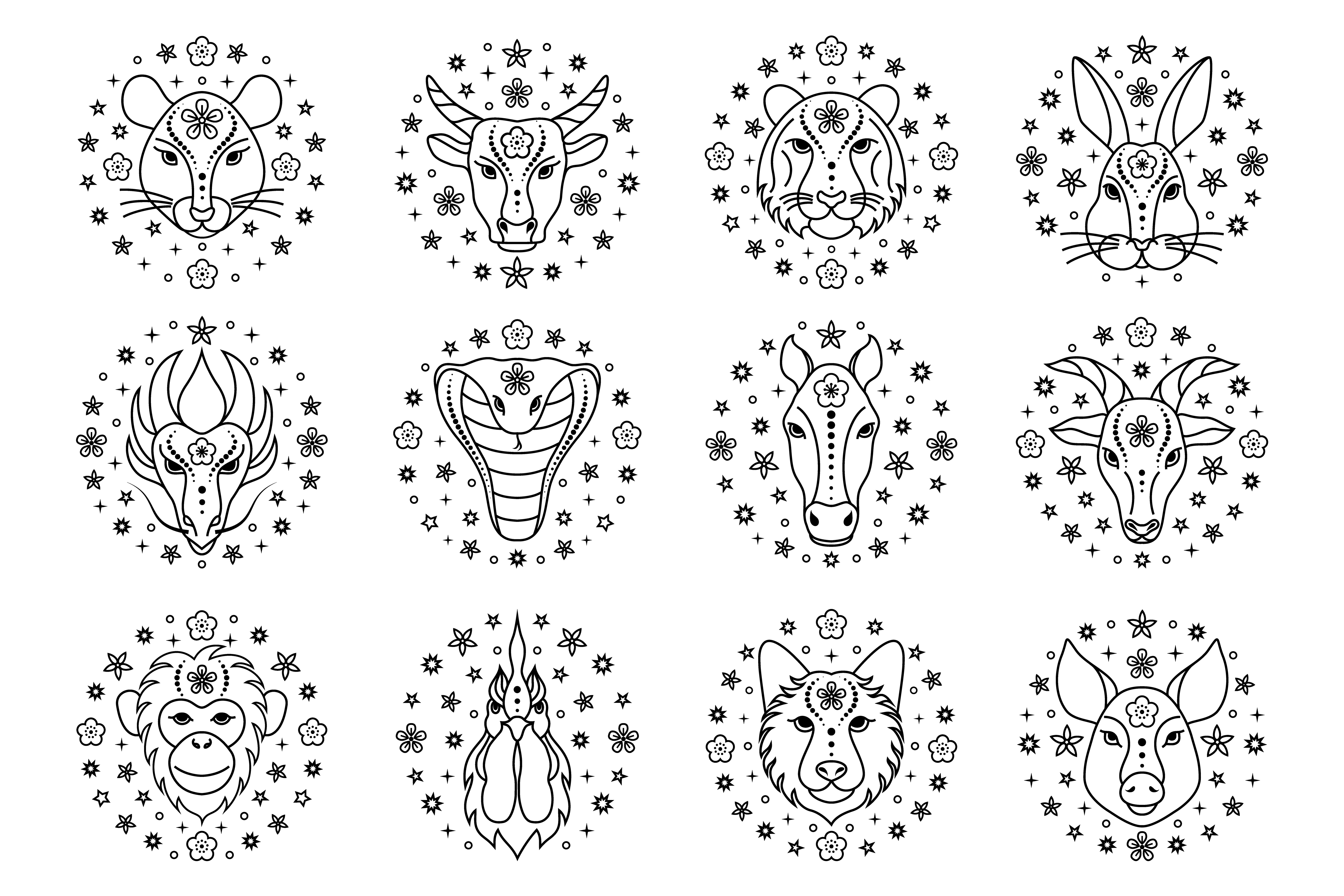 Collection of Chinese zodiac signs on white background. Line art icons.. Chinese zodiac signs on white