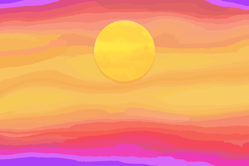 Colorful bright watercolor sunset with sun. Vector background.