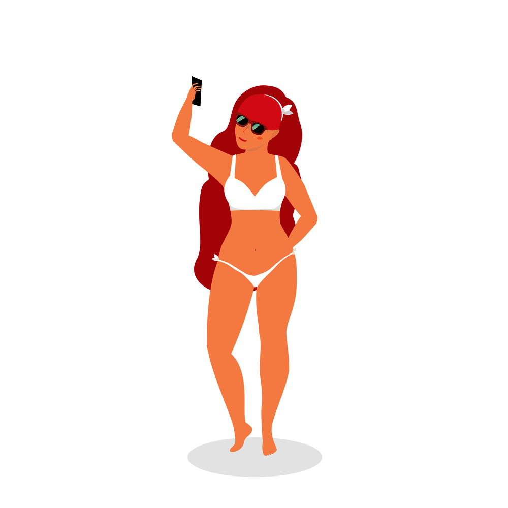 Woman Making Selfie on Beach Isolated on White Background. Female Redhead Character in Sunglasses and Swimsuit Making Photo on Smartphone Summer Vacation Cartoon Flat vector Illustration, Clip art. Woman Making Selfie on Beach, Summertime Leisure